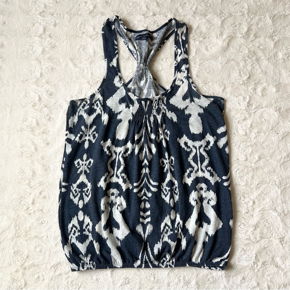 American Eagle Tank Top Womens XS Navy Linen Blend Boho Tropical Aztec Racerback